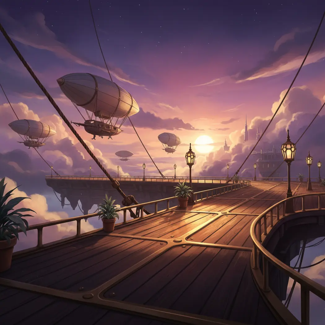 The bustling Aether Docks suspended in the sky.