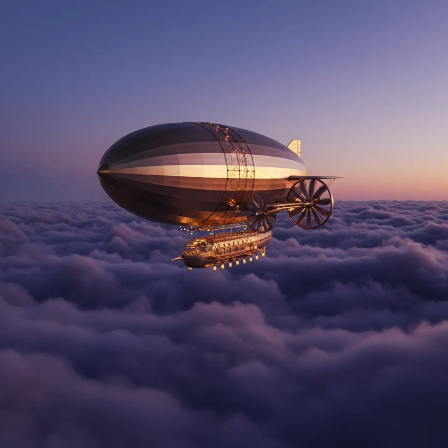 A golden dirigible floating above a breathtaking purple and copper cloudscape.
