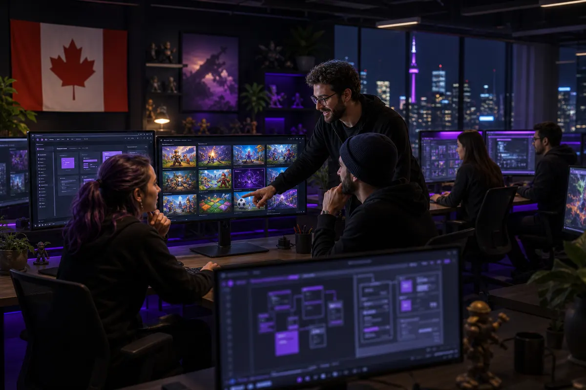 Diverse team collaborating on a modern gaming platform
