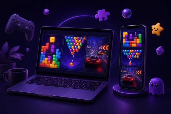 Colourful browser games on desktop and mobile screens